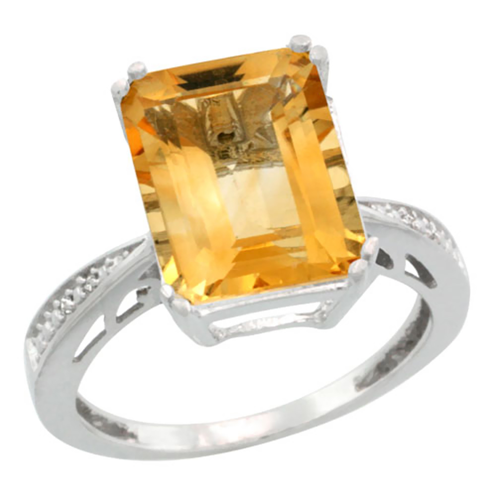 10K White Gold Diamond Natural Citrine Ring Emerald-cut 12x10mm, sizes 5-10