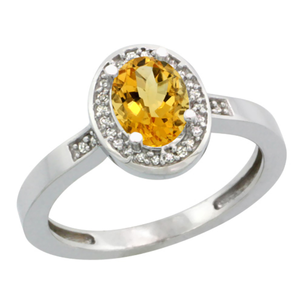 14K White Gold Diamond Natural Citrine Engagement Ring Oval 7x5mm, sizes 5-10