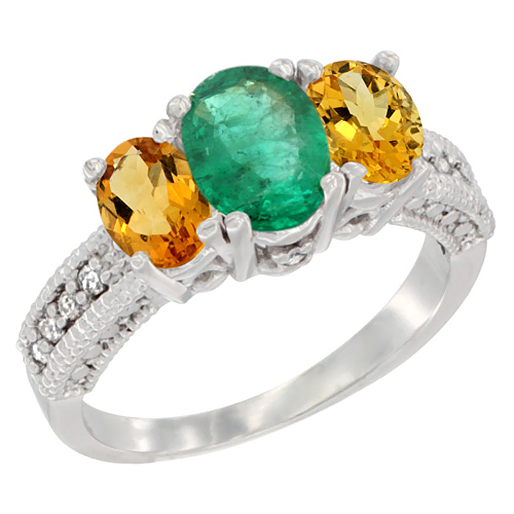 14K White Gold Diamond Natural Emerald Ring Oval 3-stone with Citrine, sizes 5 - 10