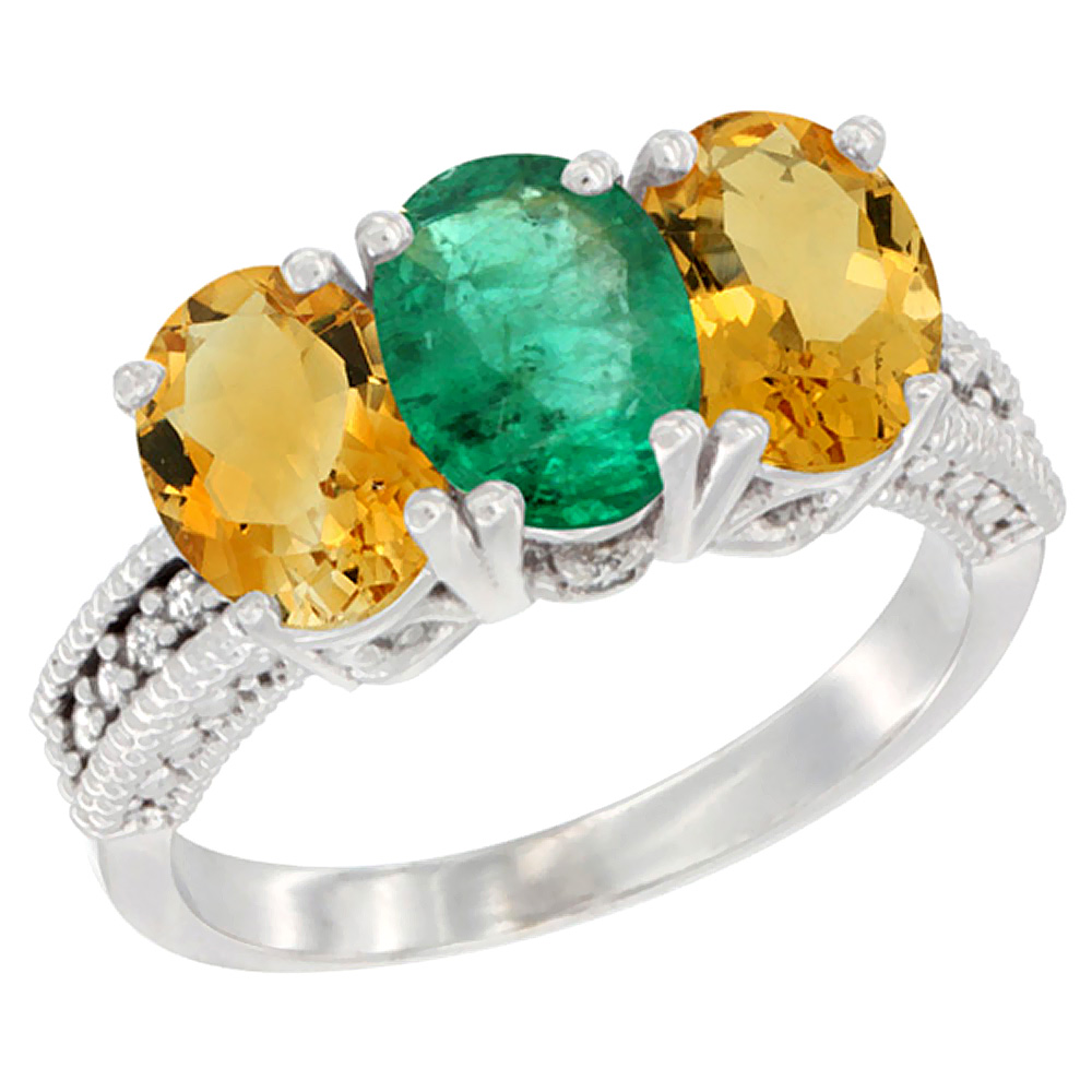 10K White Gold Natural Emerald &amp; Citrine Sides Ring 3-Stone Oval 7x5 mm Diamond Accent, sizes 5 - 10