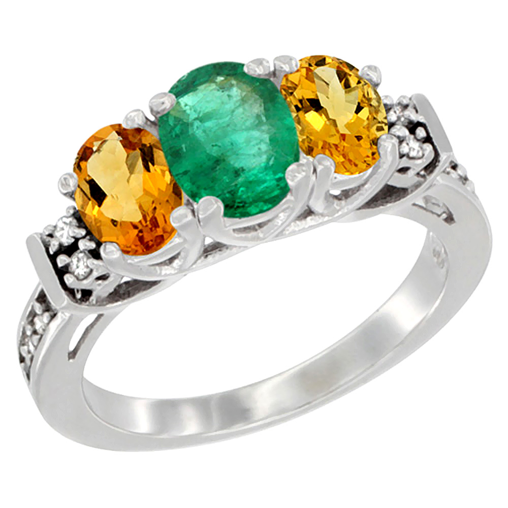 14K White Gold Natural Emerald &amp; Citrine Ring 3-Stone Oval Diamond Accent, sizes 5-10