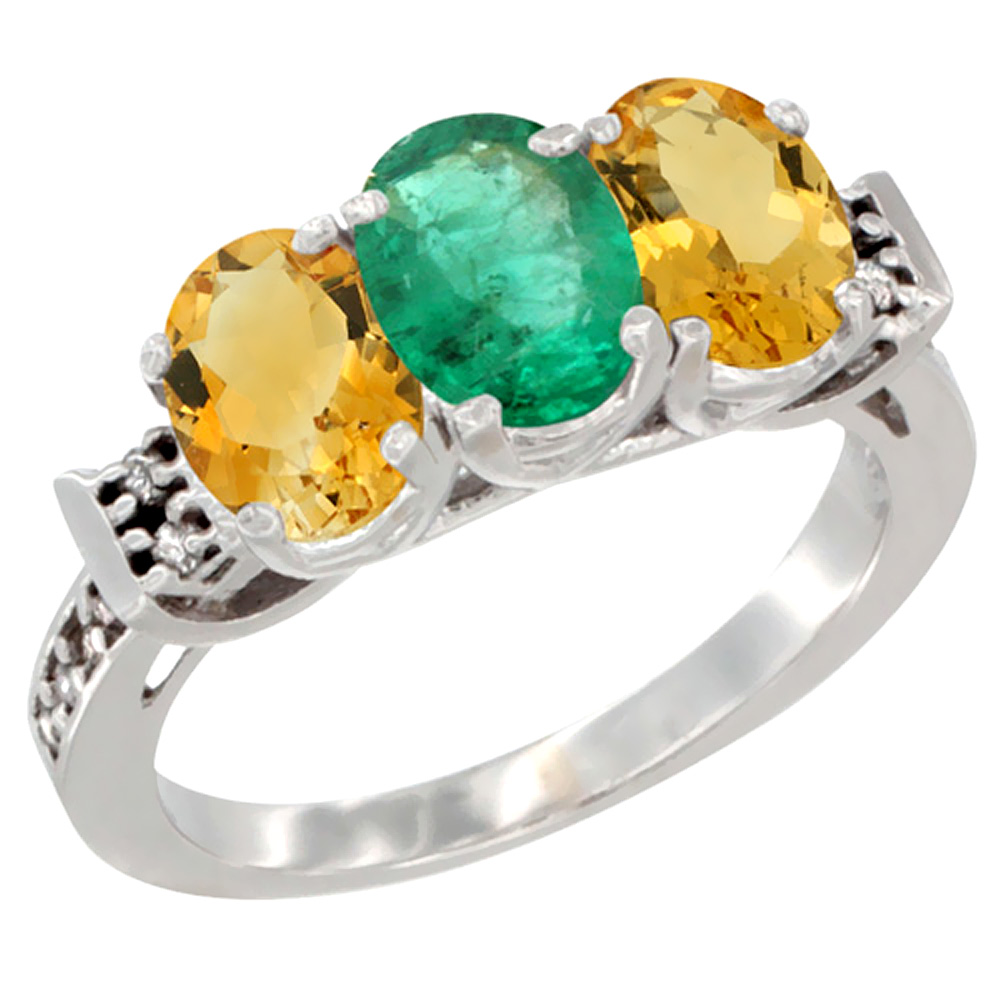 14K White Gold Natural Emerald & Citrine Sides Ring 3-Stone 7x5 mm Oval Diamond Accent, sizes 5 - 10