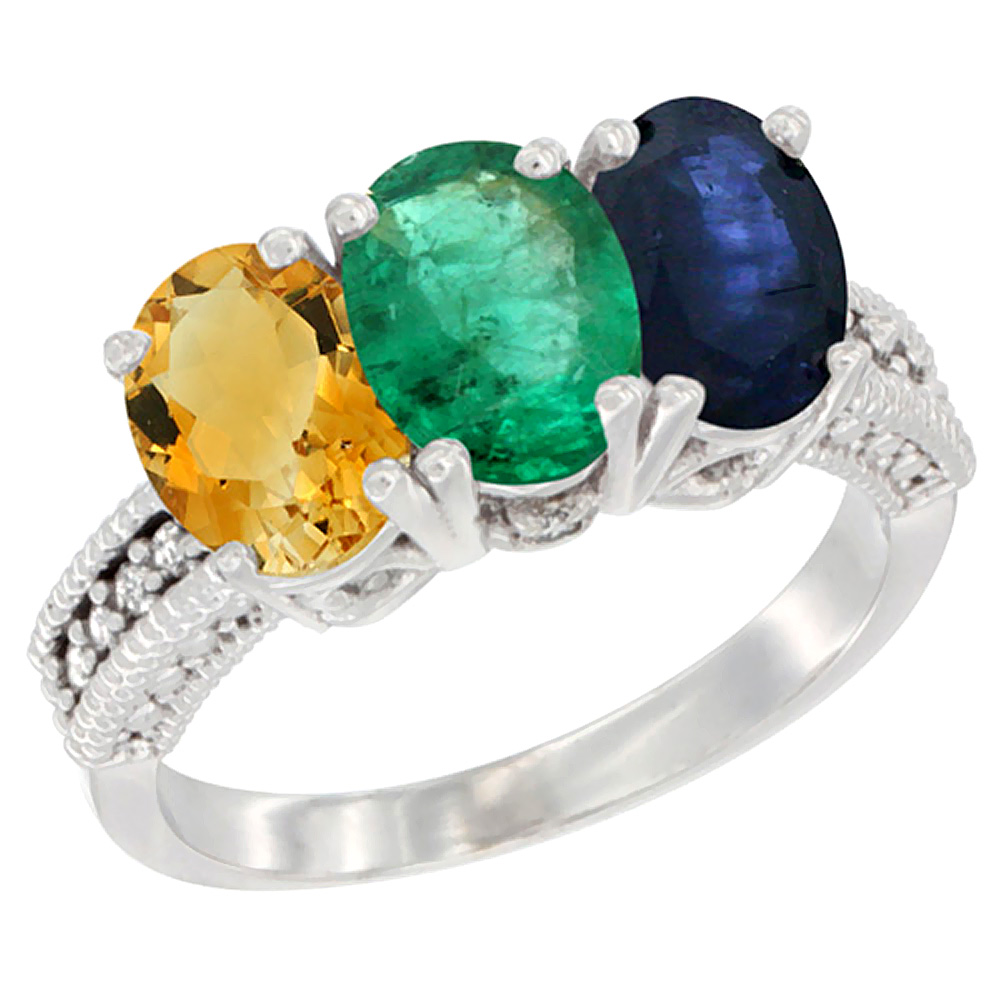 10K White Gold Natural Citrine, Emerald &amp; Blue Sapphire Ring 3-Stone Oval 7x5 mm Diamond Accent, sizes 5 - 10