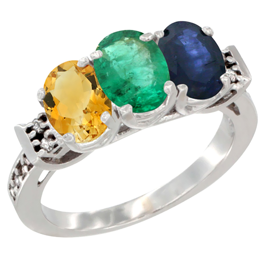 14K White Gold Natural Citrine, Emerald & Blue Sapphire Ring 3-Stone 7x5 mm Oval Diamond Accent, sizes 5 - 10