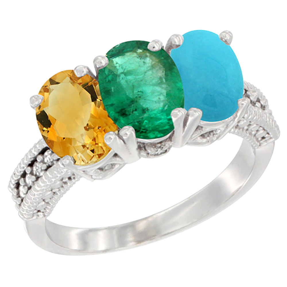 10K White Gold Natural Citrine, Emerald &amp; Turquoise Ring 3-Stone Oval 7x5 mm Diamond Accent, sizes 5 - 10