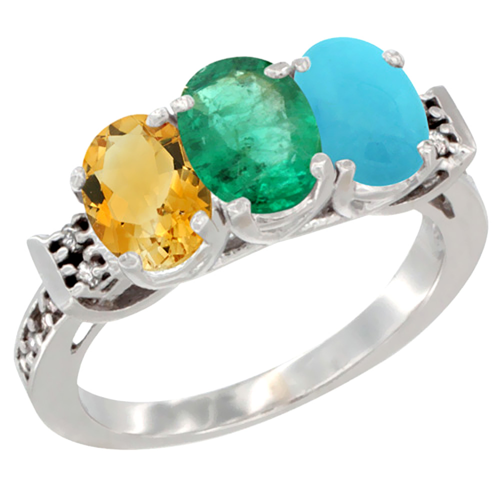 14K White Gold Natural Citrine, Emerald & Turquoise Ring 3-Stone 7x5 mm Oval Diamond Accent, sizes 5 - 10