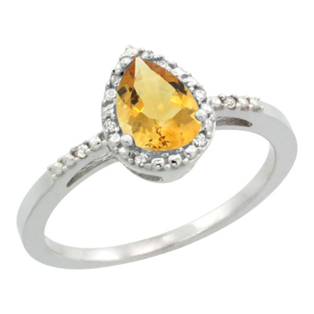 14K White Gold Diamond Natural Citrine Ring Pear 7x5mm, sizes 5-10