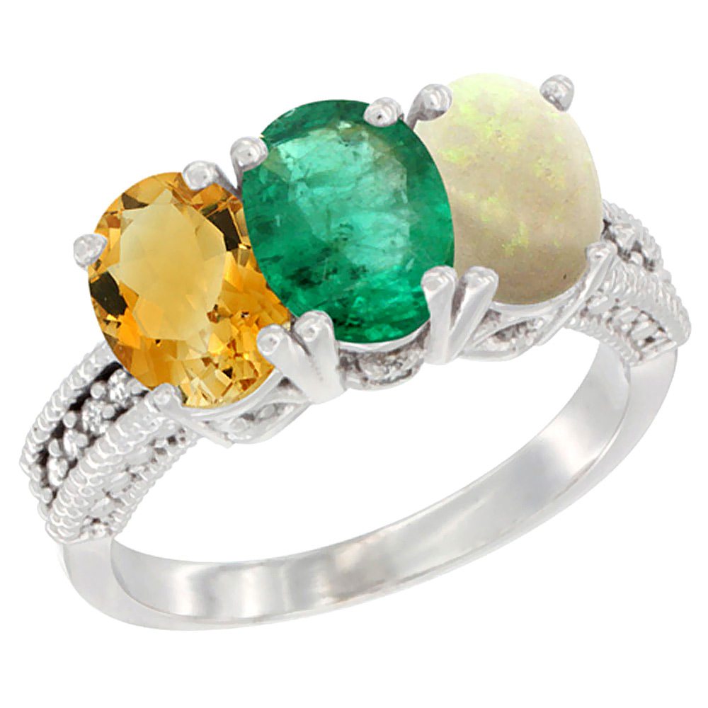 10K White Gold Natural Citrine, Emerald & Opal Ring 3-Stone Oval 7x5 mm Diamond Accent, sizes 5 - 10