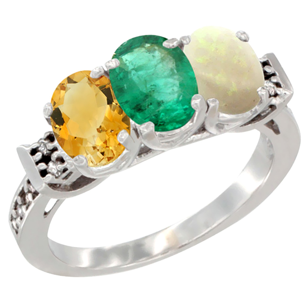 10K White Gold Natural Citrine, Emerald & Opal Ring 3-Stone Oval 7x5 mm Diamond Accent, sizes 5 - 10
