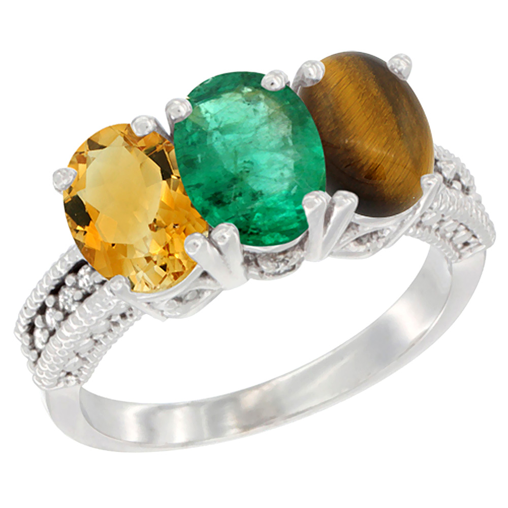 10K White Gold Natural Citrine, Emerald & Tiger Eye Ring 3-Stone Oval 7x5 mm Diamond Accent, sizes 5 - 10