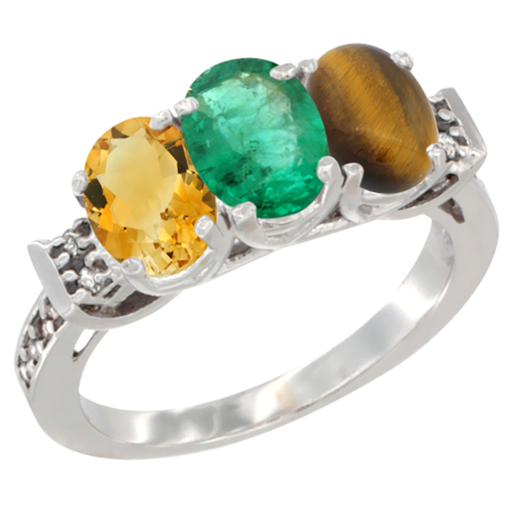 14K White Gold Natural Citrine, Emerald &amp; Tiger Eye Ring 3-Stone 7x5 mm Oval Diamond Accent, sizes 5 - 10