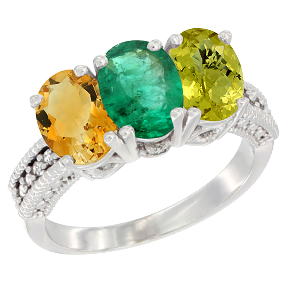 14K White Gold Natural Citrine, Emerald &amp; Lemon Quartz Ring 3-Stone 7x5 mm Oval Diamond Accent, sizes 5 - 10