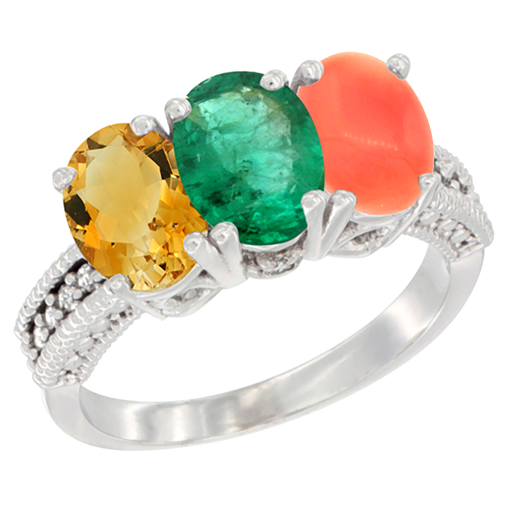 14K White Gold Natural Citrine, Emerald &amp; Coral Ring 3-Stone 7x5 mm Oval Diamond Accent, sizes 5 - 10
