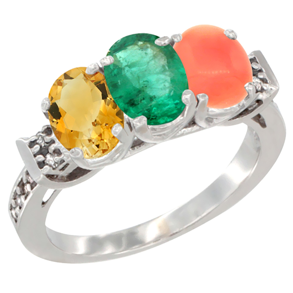 10K White Gold Natural Citrine, Emerald & Coral Ring 3-Stone Oval 7x5 mm Diamond Accent, sizes 5 - 10
