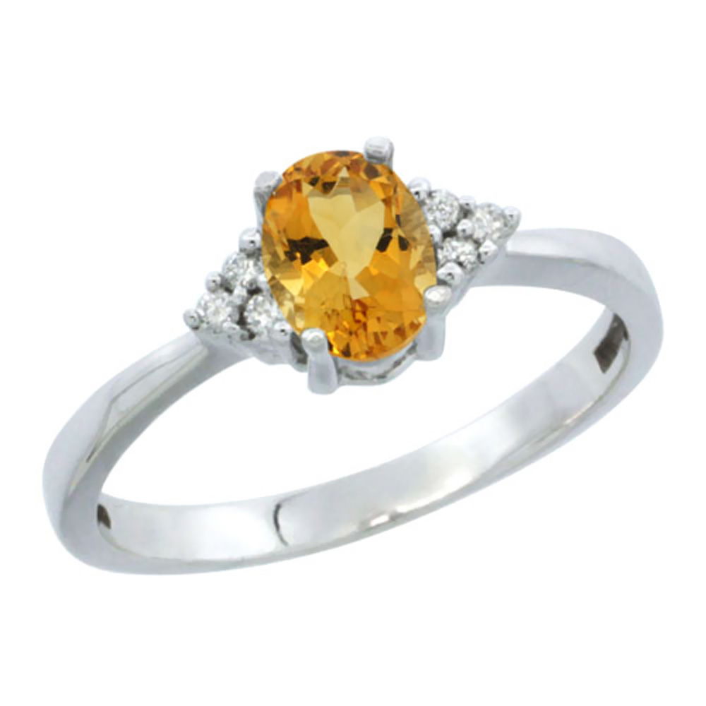 10k White Gold Natural Citrine Ring Oval 6x4mm Diamond Accent, sizes 5-10