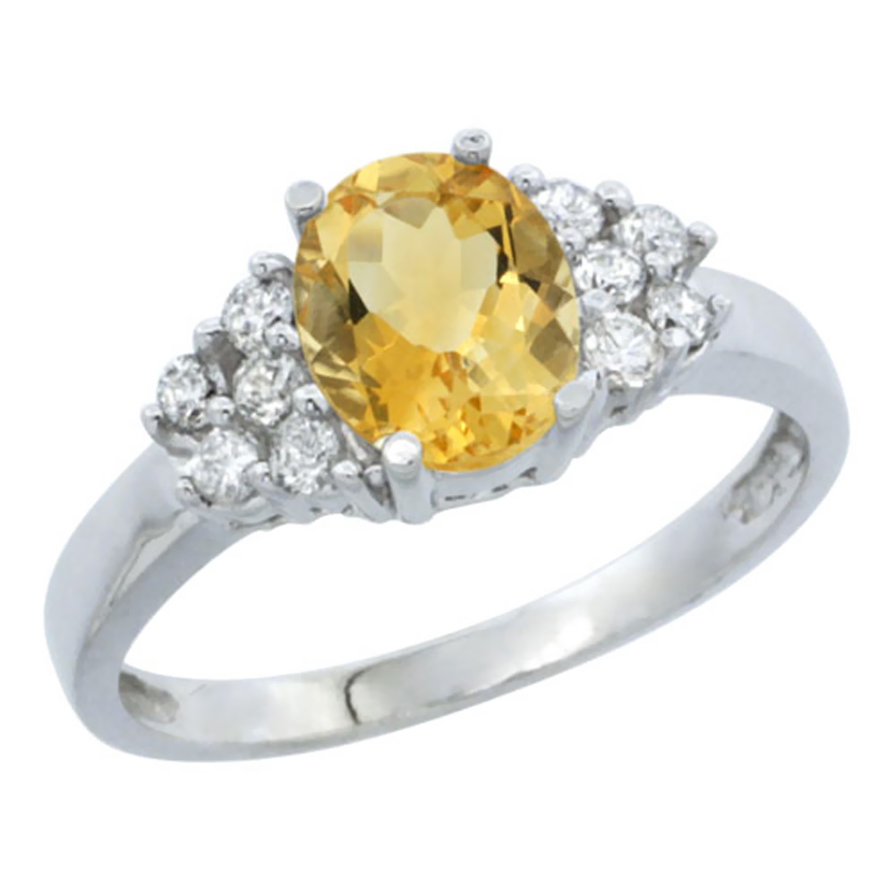 14K White Gold Natural Citrine Ring Oval 8x6mm Diamond Accent, sizes 5-10