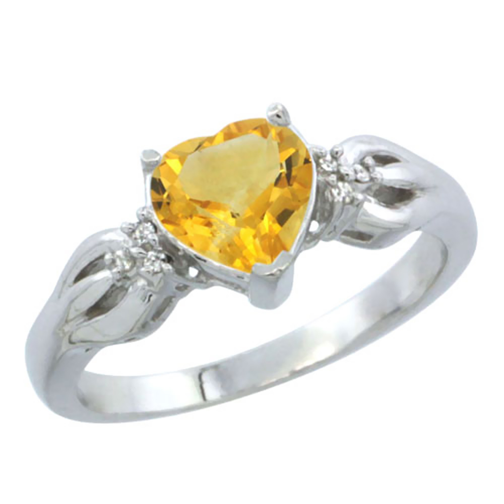 10K White Gold Natural Citrine Ring Heart-shape 7x7mm Diamond Accent, sizes 5-10