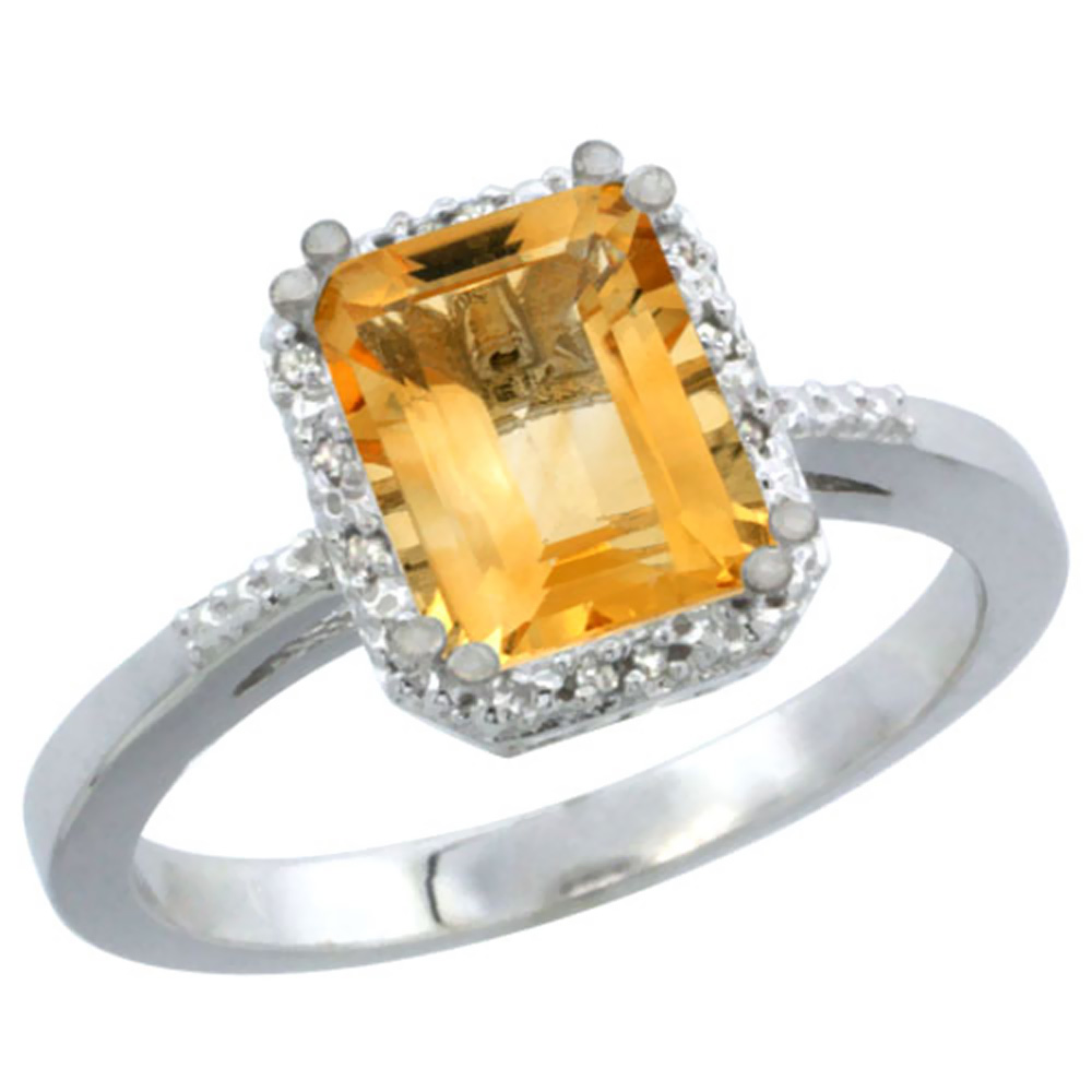 14K White Gold Natural Citrine Ring Emerald-shape 8x6mm Diamond Accent, sizes 5-10