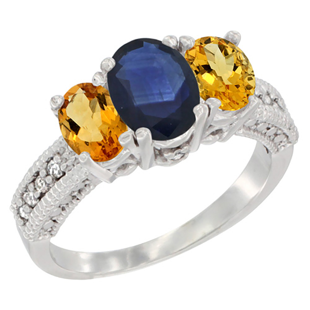 10K White Gold Diamond Natural Blue Sapphire Ring Oval 3-stone with Citrine, sizes 5 - 10