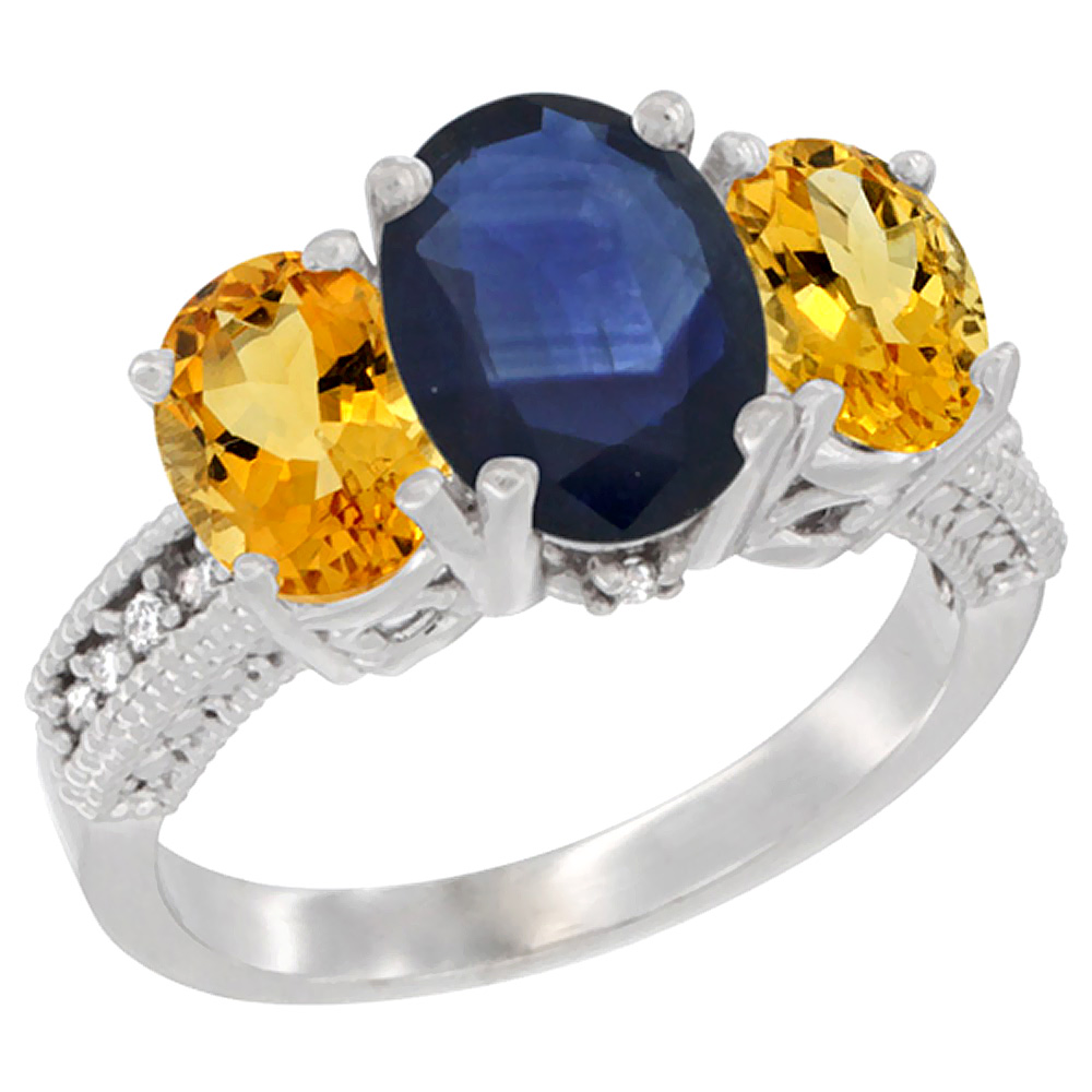 10K White Gold Diamond Natural Blue Sapphire Ring 3-Stone Oval 8x6mm with Citrine, sizes5-10