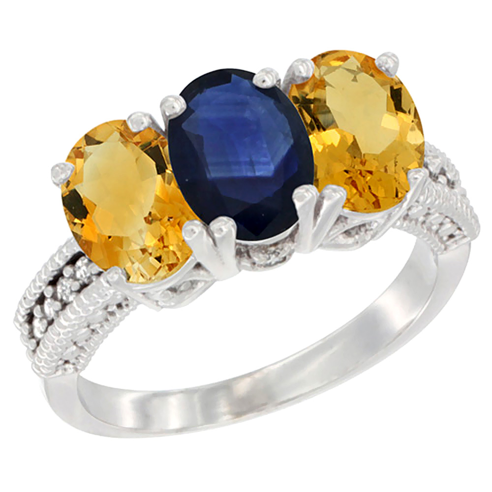 10K White Gold Natural Blue Sapphire & Citrine Sides Ring 3-Stone Oval 7x5 mm Diamond Accent, sizes 5 - 10