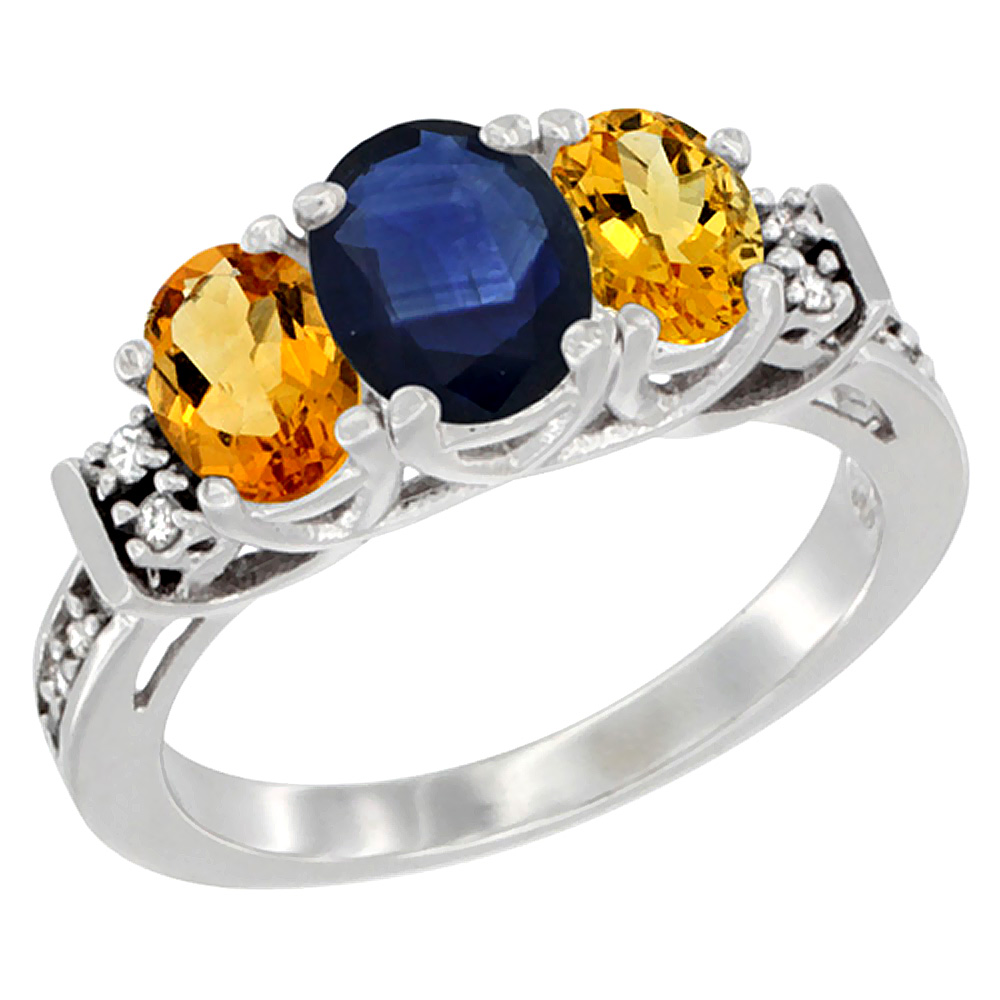 14K White Gold Natural Blue Sapphire &amp; Citrine Ring 3-Stone Oval Diamond Accent, sizes 5-10