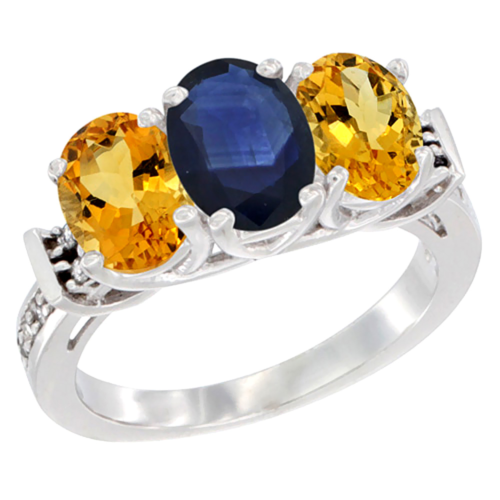 10K White Gold Natural Blue Sapphire & Citrine Sides Ring 3-Stone Oval Diamond Accent, sizes 5 - 10