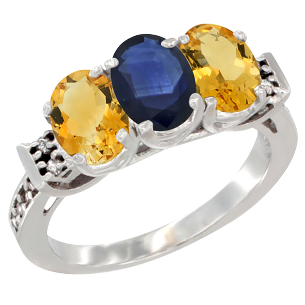 14K White Gold Natural Blue Sapphire & Citrine Sides Ring 3-Stone 7x5 mm Oval Diamond Accent, sizes 5 - 10