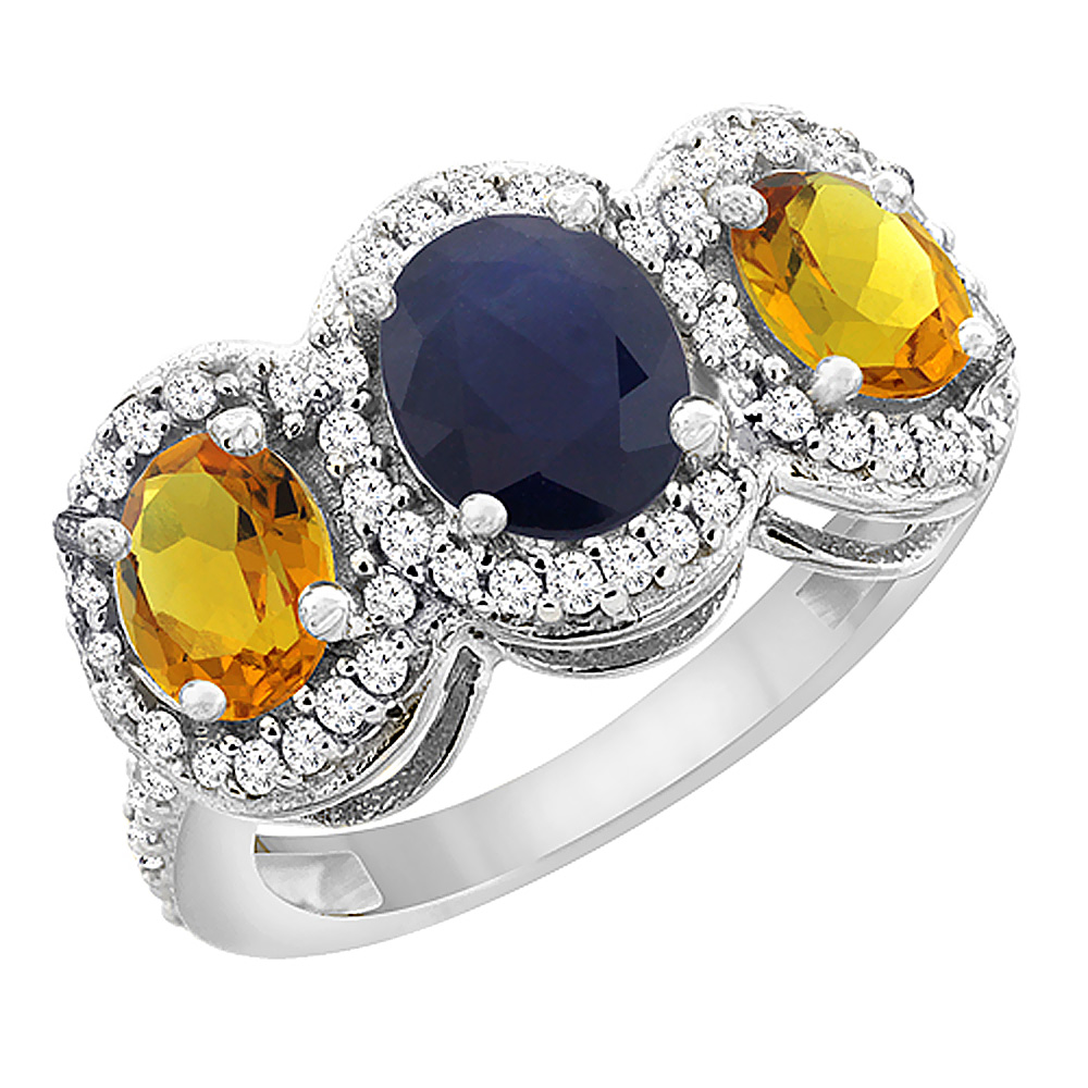 14K White Gold Natural Blue Sapphire & Citrine 3-Stone Ring Oval Diamond Accent, sizes 5 - 10