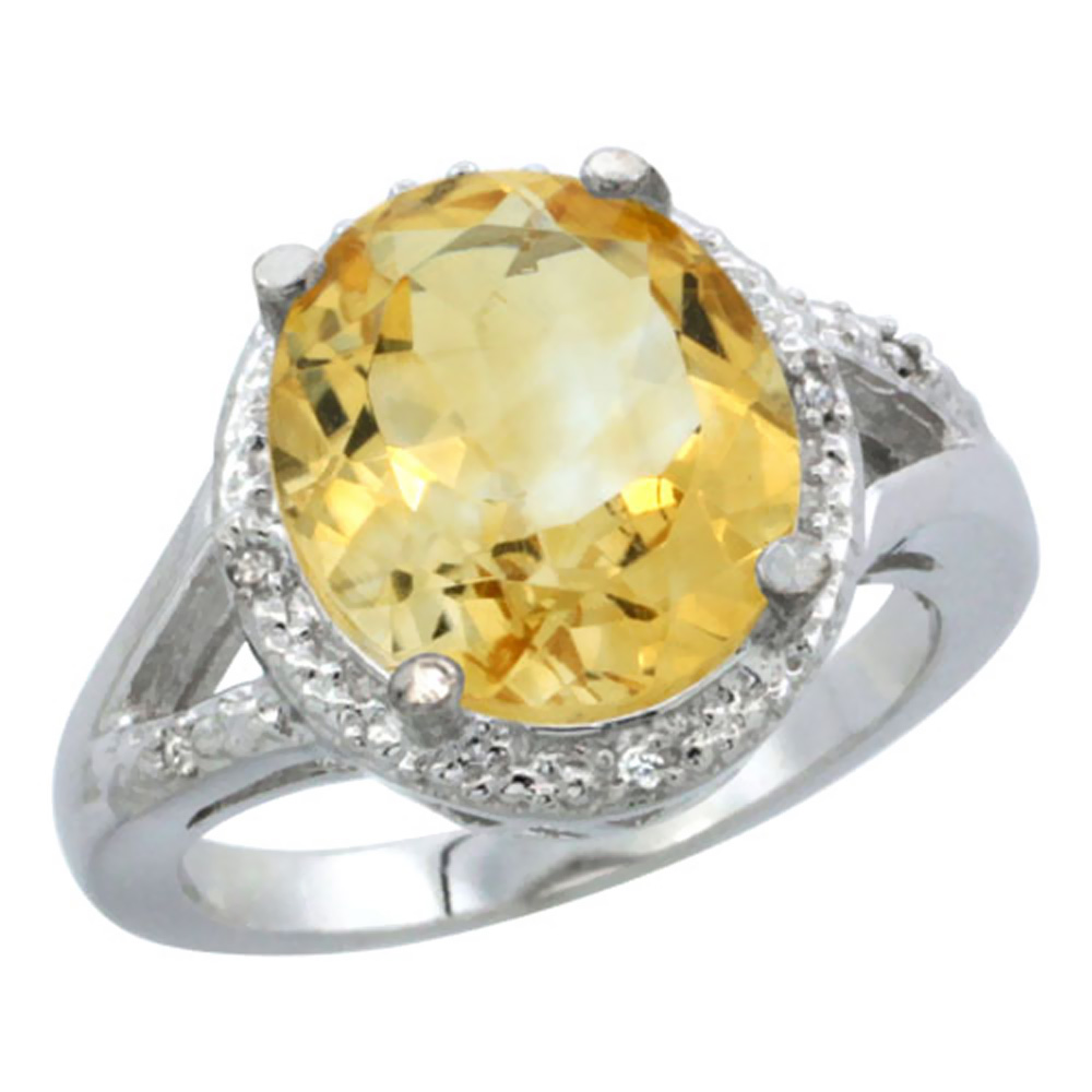 14K White Gold Natural Citrine Ring Oval 12x10mm Diamond Accent, sizes 5-10