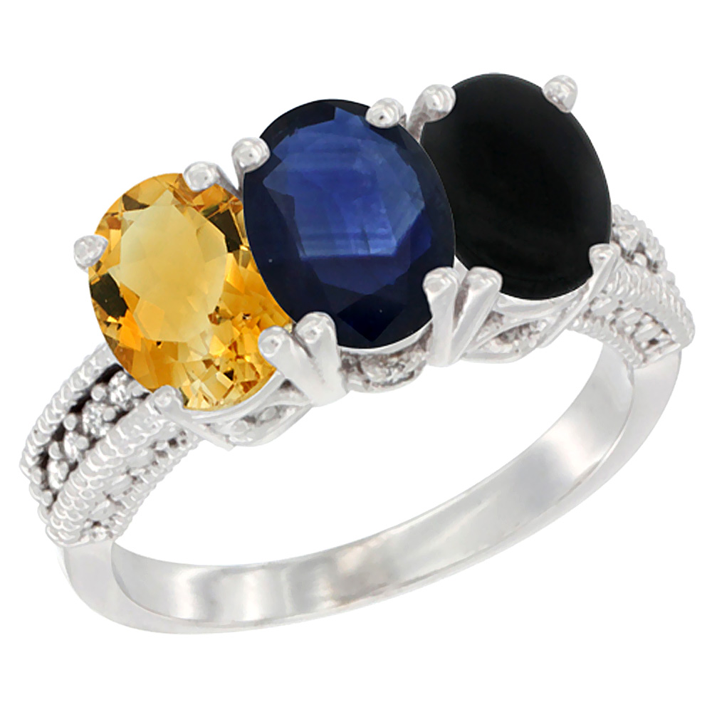 14K White Gold Natural Citrine, Blue Sapphire &amp; Black Onyx Ring 3-Stone 7x5 mm Oval Diamond Accent, sizes 5 - 10