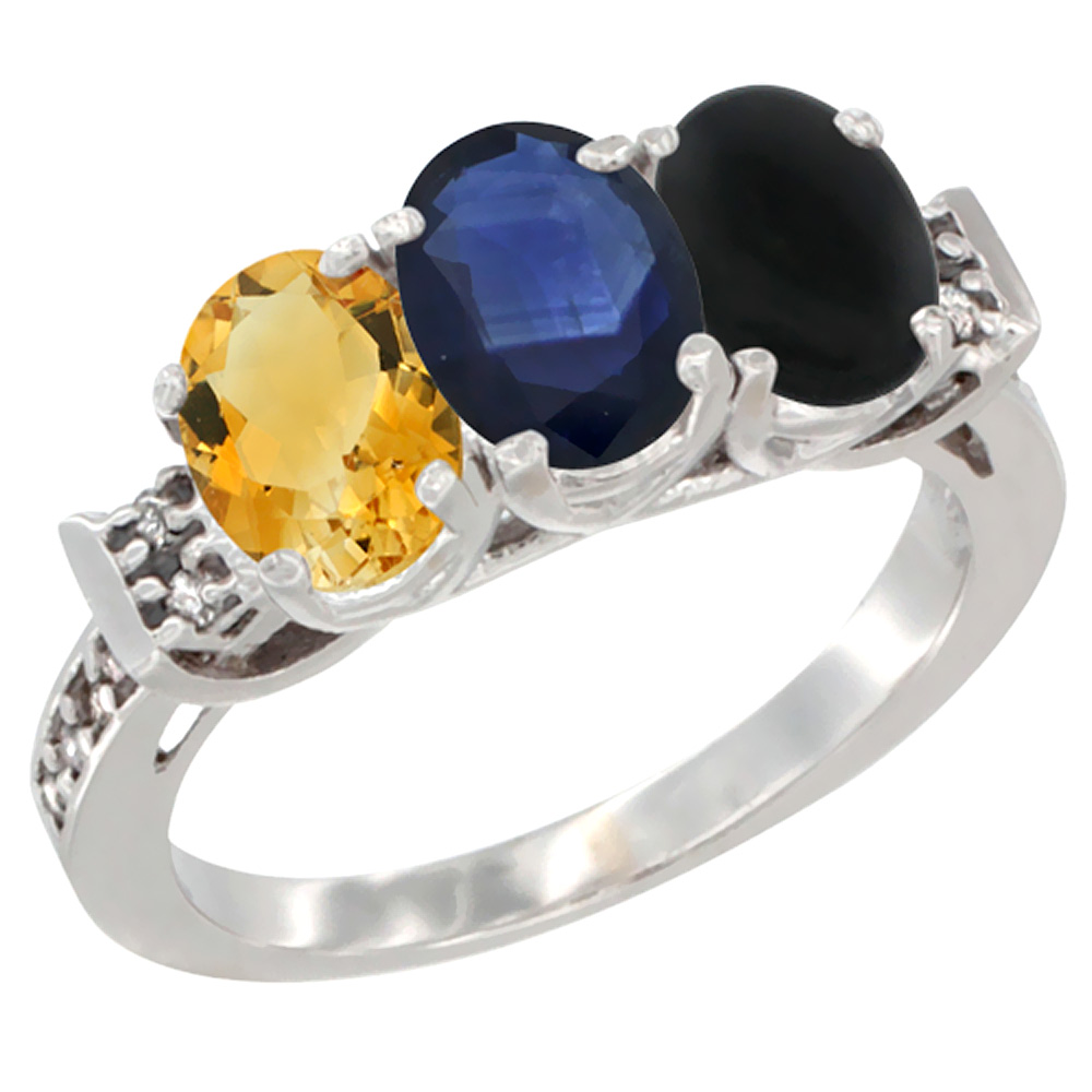 10K White Gold Natural Citrine, Blue Sapphire &amp; Black Onyx Ring 3-Stone Oval 7x5 mm Diamond Accent, sizes 5 - 10