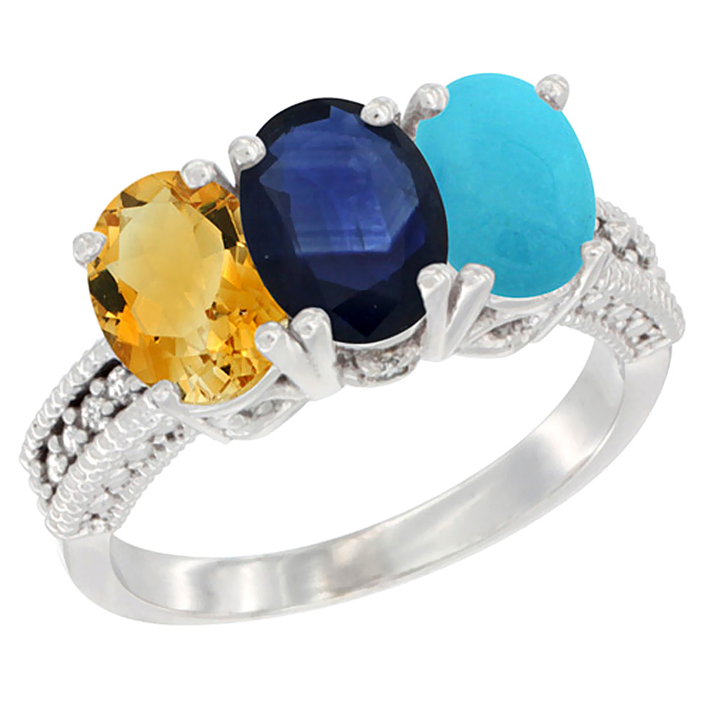 10K White Gold Natural Citrine, Blue Sapphire & Turquoise Ring 3-Stone Oval 7x5 mm Diamond Accent, sizes 5 - 10