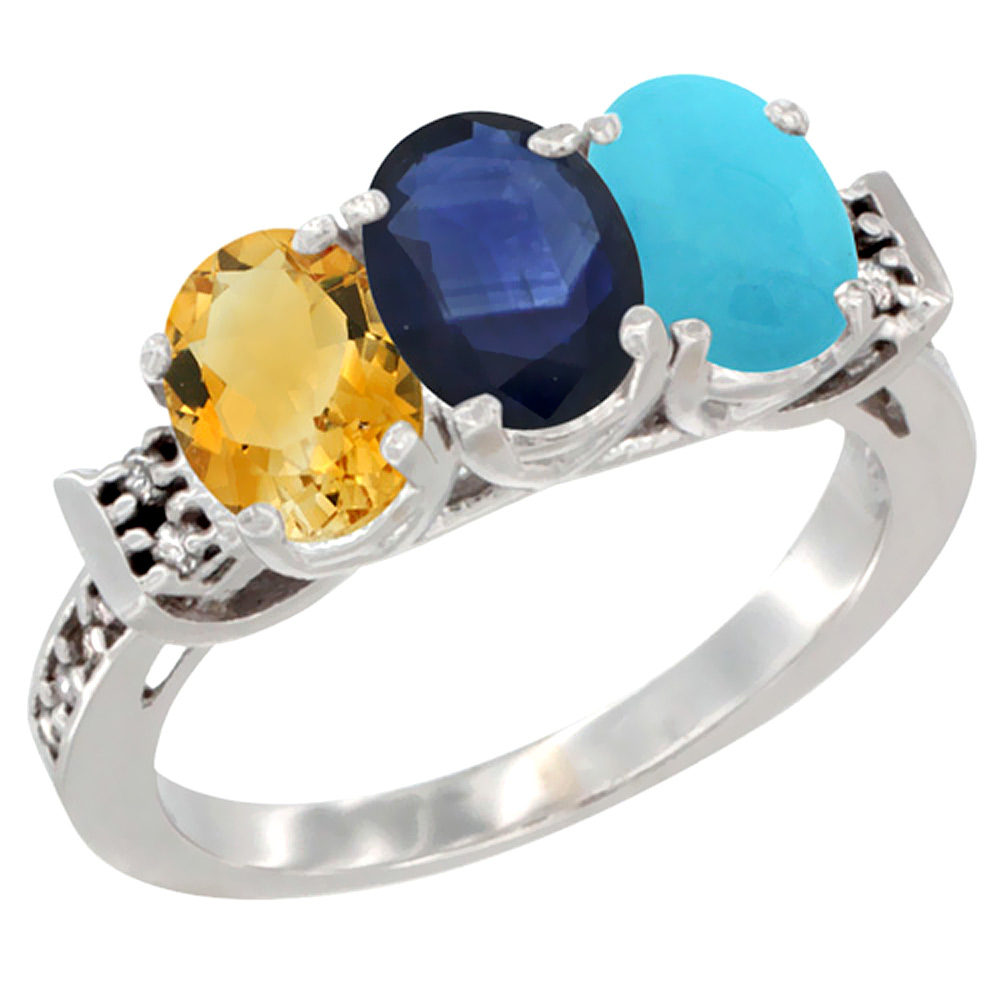 14K White Gold Natural Citrine, Blue Sapphire & Turquoise Ring 3-Stone 7x5 mm Oval Diamond Accent, sizes 5 - 10
