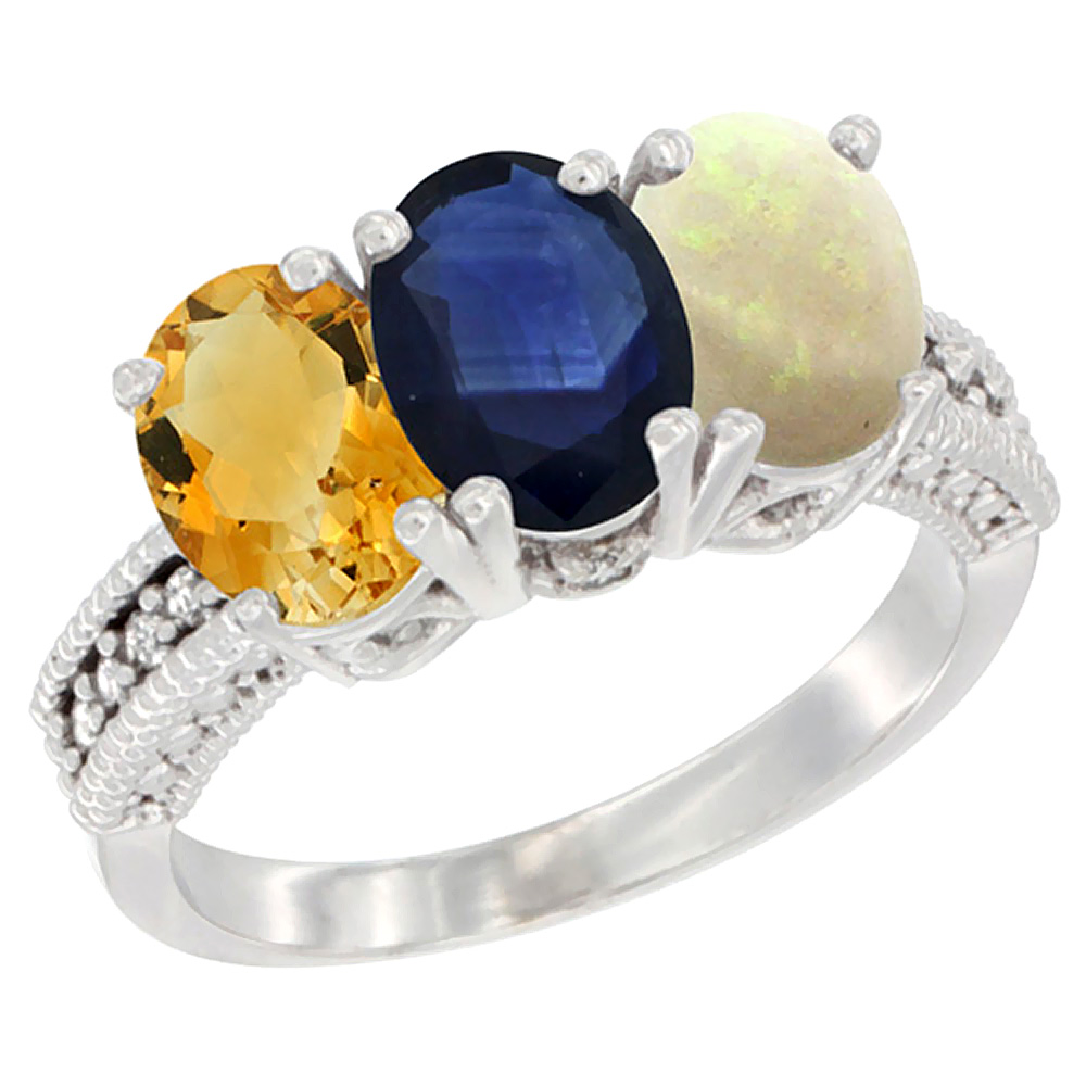 14K White Gold Natural Citrine, Blue Sapphire & Opal Ring 3-Stone 7x5 mm Oval Diamond Accent, sizes 5 - 10