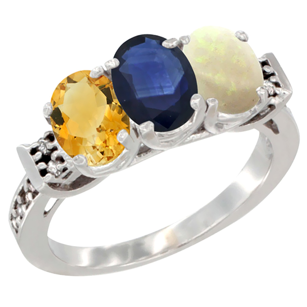 14K White Gold Natural Citrine, Blue Sapphire & Opal Ring 3-Stone 7x5 mm Oval Diamond Accent, sizes 5 - 10