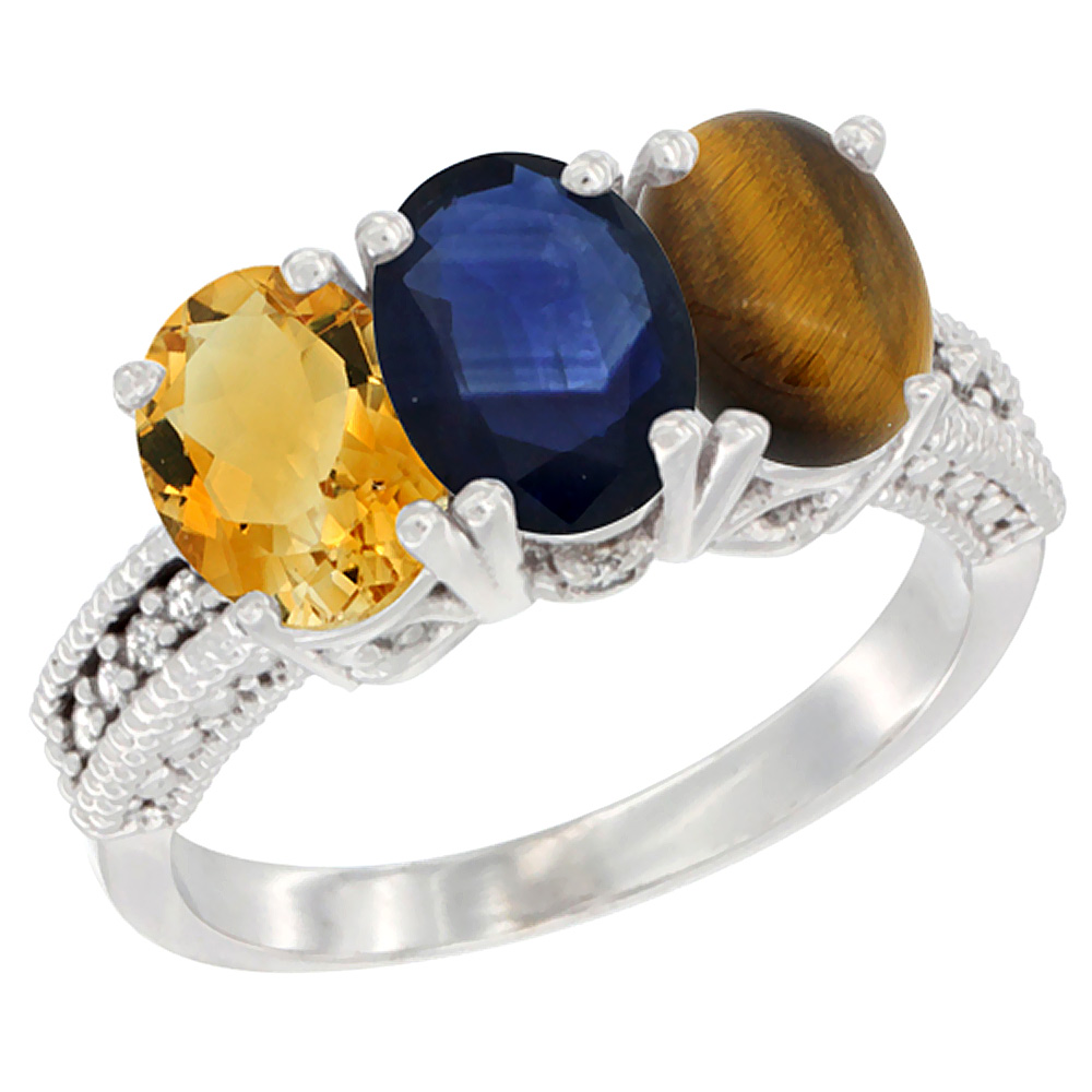 14K White Gold Natural Citrine, Blue Sapphire & Tiger Eye Ring 3-Stone 7x5 mm Oval Diamond Accent, sizes 5 - 10