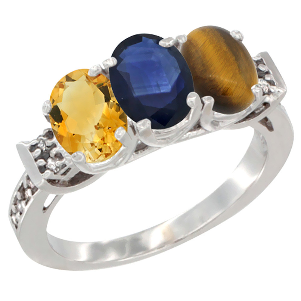 10K White Gold Natural Citrine, Blue Sapphire &amp; Tiger Eye Ring 3-Stone Oval 7x5 mm Diamond Accent, sizes 5 - 10