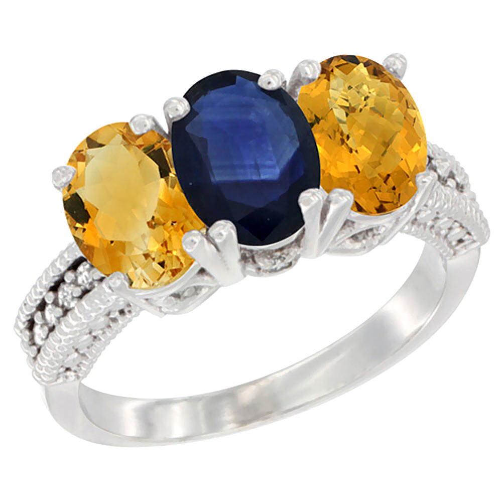 14K White Gold Natural Citrine, Blue Sapphire & Whisky Quartz Ring 3-Stone 7x5 mm Oval Diamond Accent, sizes 5 - 10
