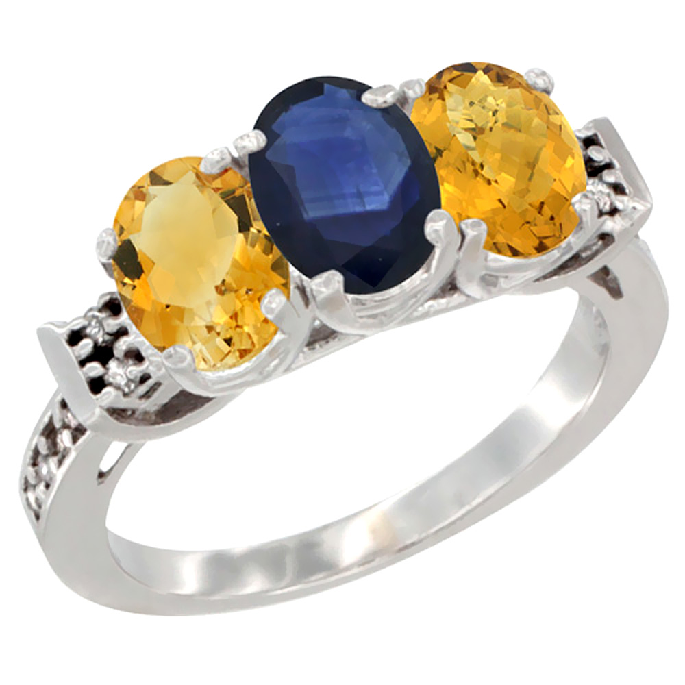 14K White Gold Natural Citrine, Blue Sapphire & Whisky Quartz Ring 3-Stone 7x5 mm Oval Diamond Accent, sizes 5 - 10