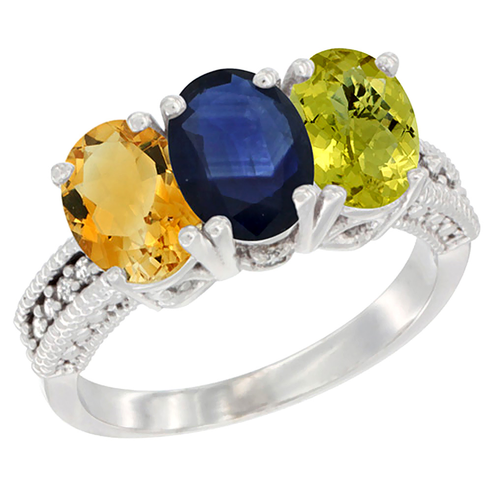 14K White Gold Natural Citrine, Blue Sapphire & Lemon Quartz Ring 3-Stone 7x5 mm Oval Diamond Accent, sizes 5 - 10