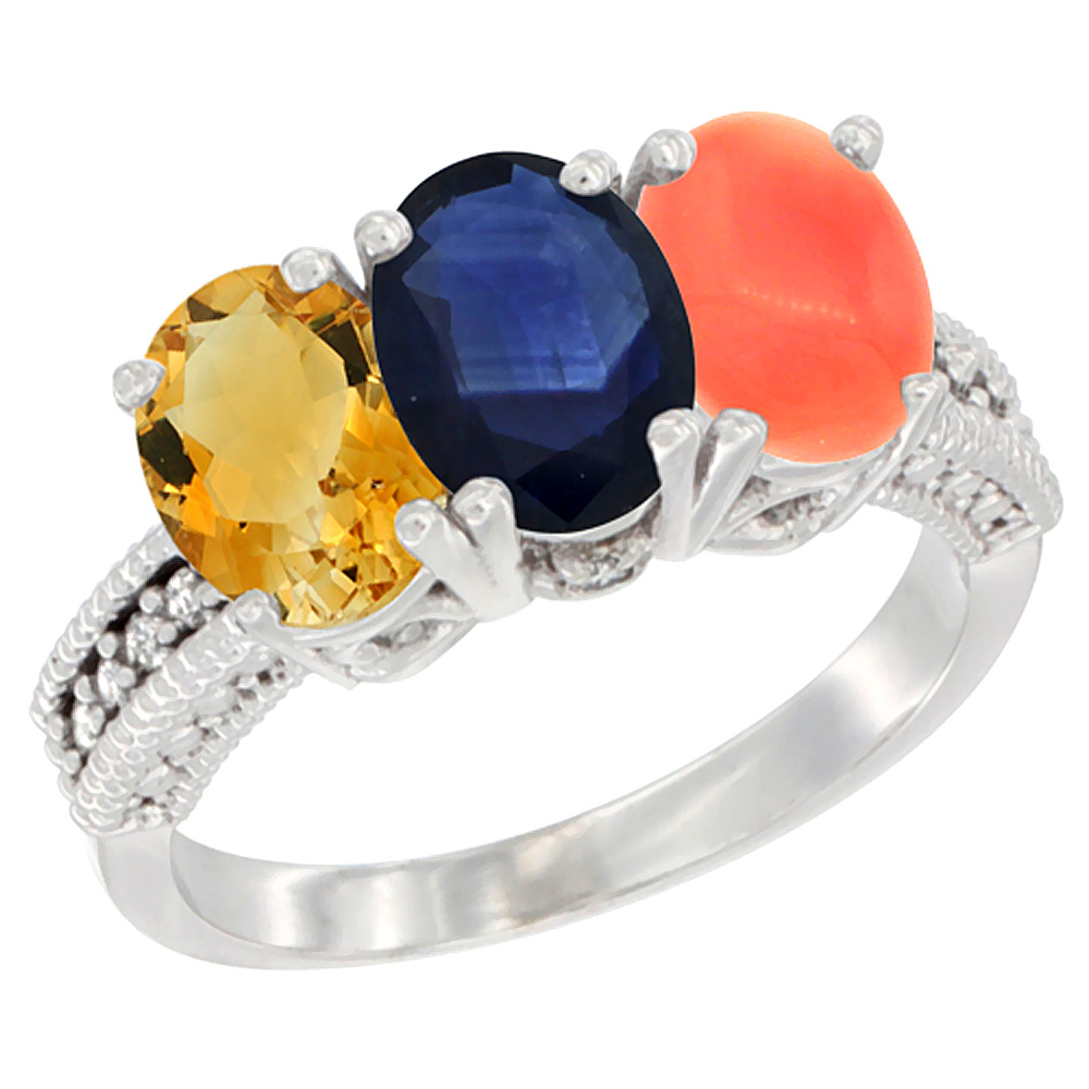 14K White Gold Natural Citrine, Blue Sapphire & Coral Ring 3-Stone 7x5 mm Oval Diamond Accent, sizes 5 - 10