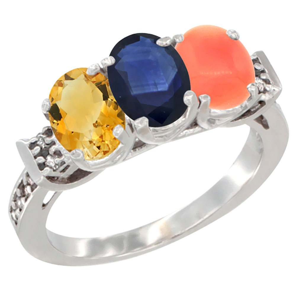 14K White Gold Natural Citrine, Blue Sapphire &amp; Coral Ring 3-Stone 7x5 mm Oval Diamond Accent, sizes 5 - 10