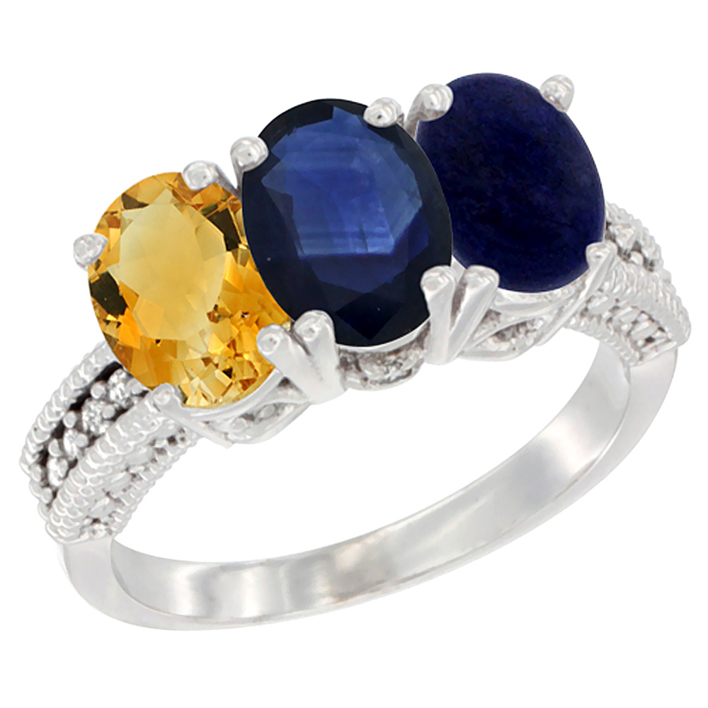 10K White Gold Natural Citrine, Blue Sapphire &amp; Lapis Ring 3-Stone Oval 7x5 mm Diamond Accent, sizes 5 - 10