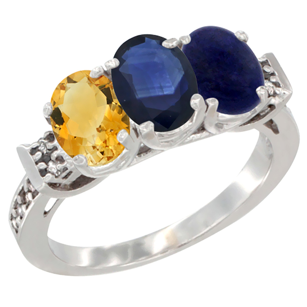 14K White Gold Natural Citrine, Blue Sapphire &amp; Lapis Ring 3-Stone 7x5 mm Oval Diamond Accent, sizes 5 - 10
