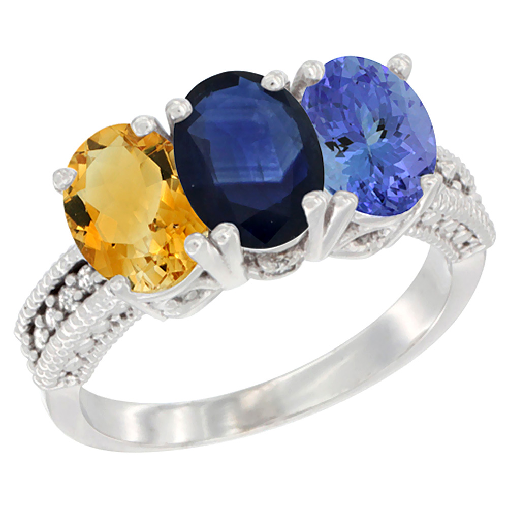 10K White Gold Natural Citrine, Blue Sapphire &amp; Tanzanite Ring 3-Stone Oval 7x5 mm Diamond Accent, sizes 5 - 10