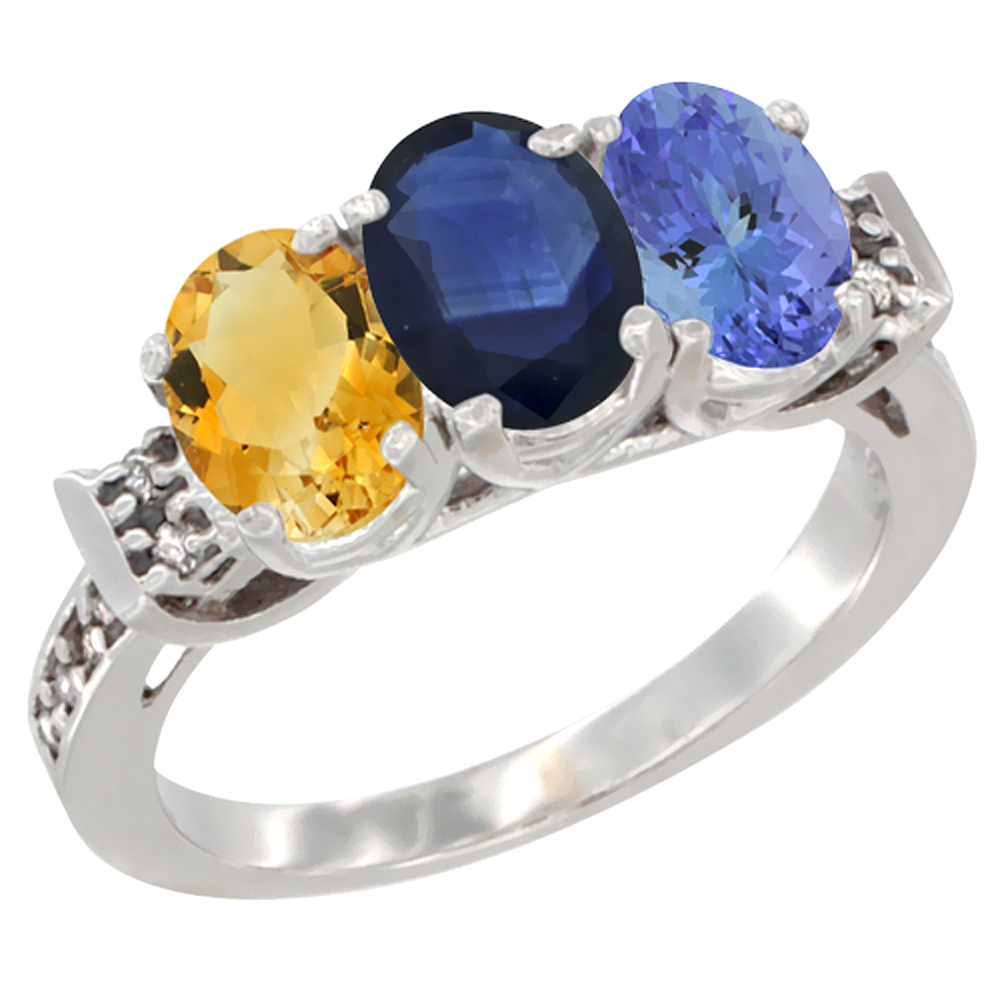 14K White Gold Natural Citrine, Blue Sapphire &amp; Tanzanite Ring 3-Stone 7x5 mm Oval Diamond Accent, sizes 5 - 10