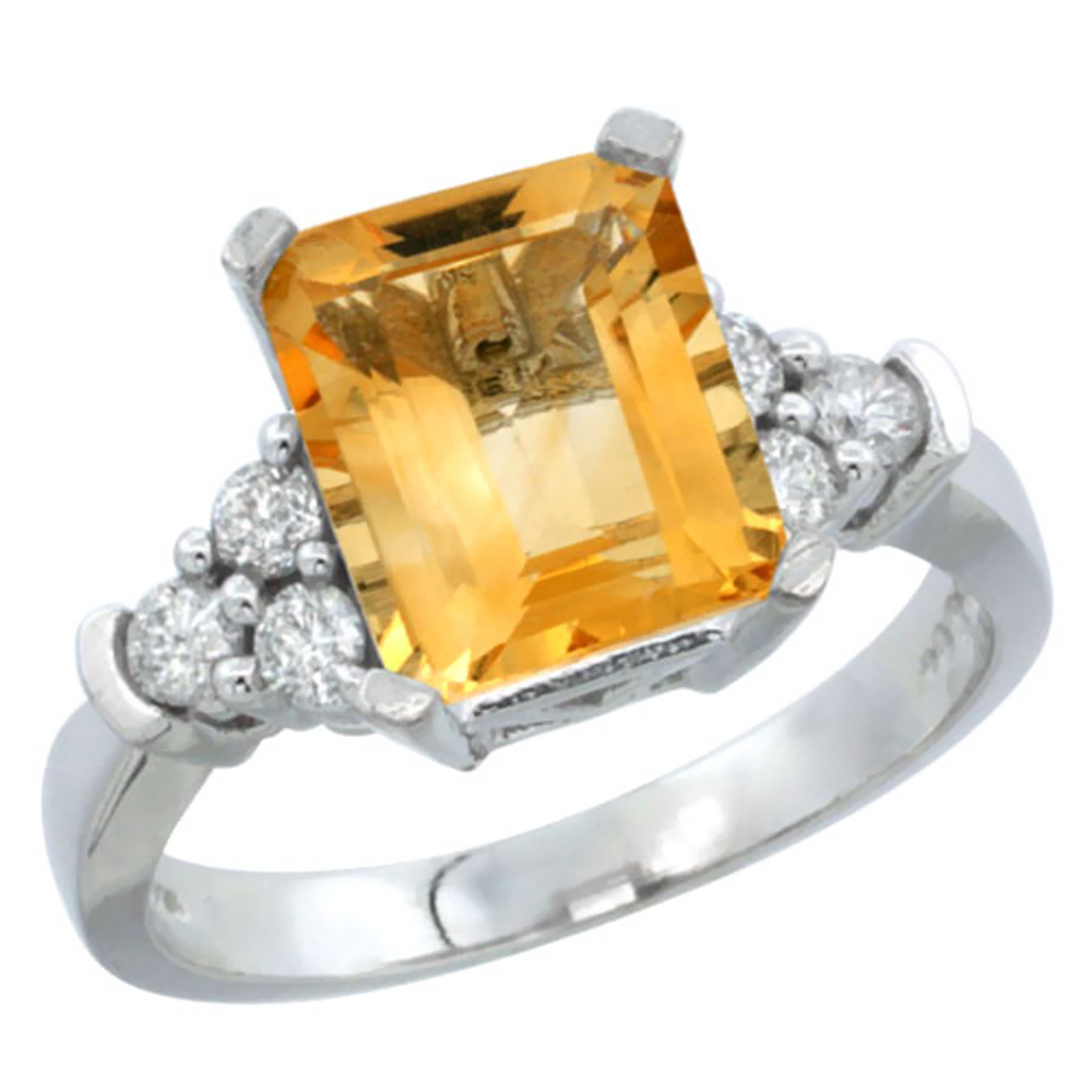 14K White Gold Natural Citrine Ring Octagon 9x7mm Diamond Accent, sizes 5-10