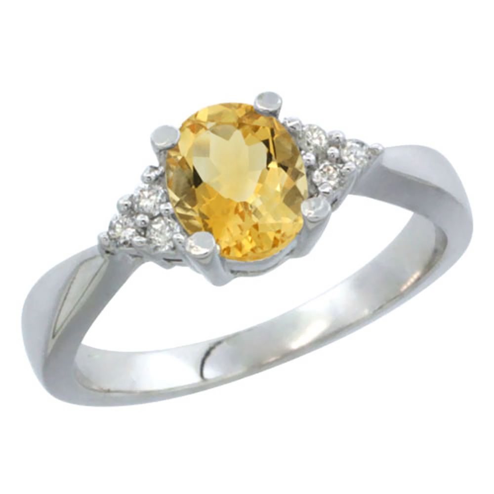 10k White Gold Diamond Natural Citrine Engagement Ring Oval 7x5mm, sizes 5-10