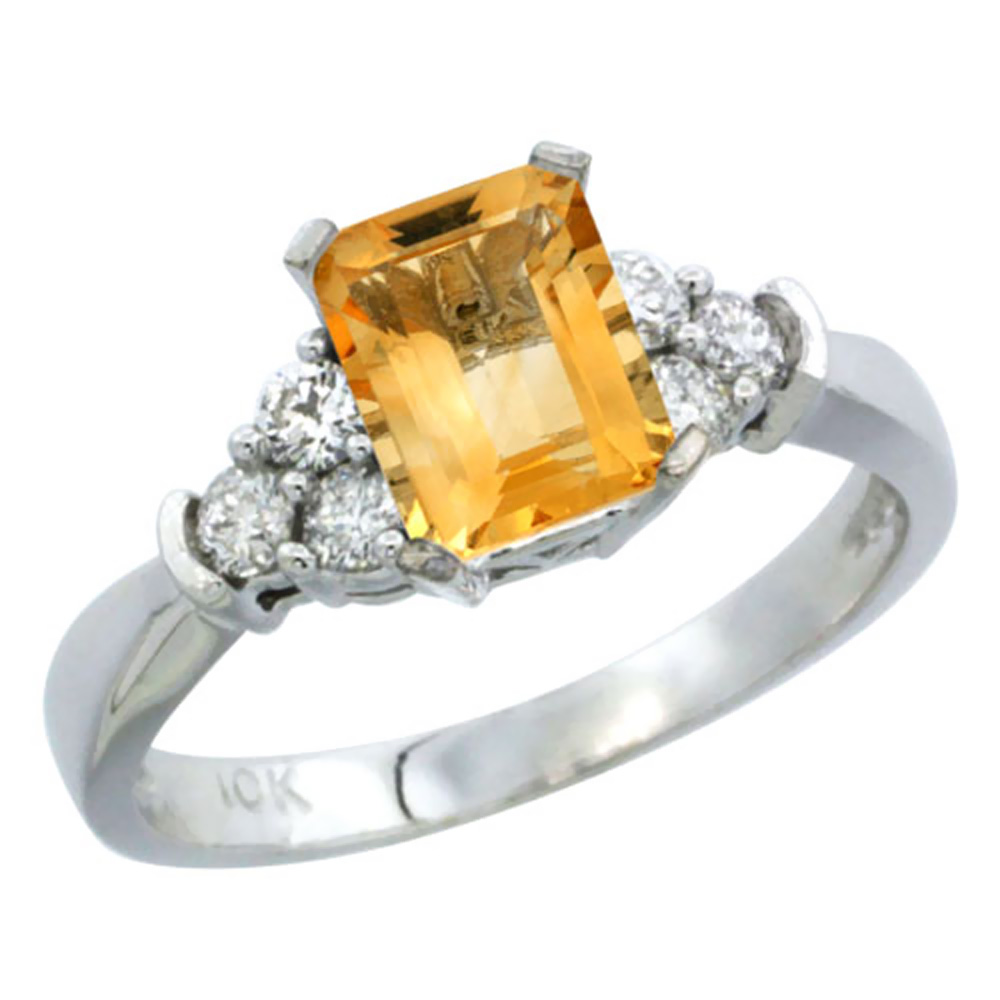 10K White Gold Natural Citrine Ring Octagon 7x5mm Diamond Accent, sizes 5-10